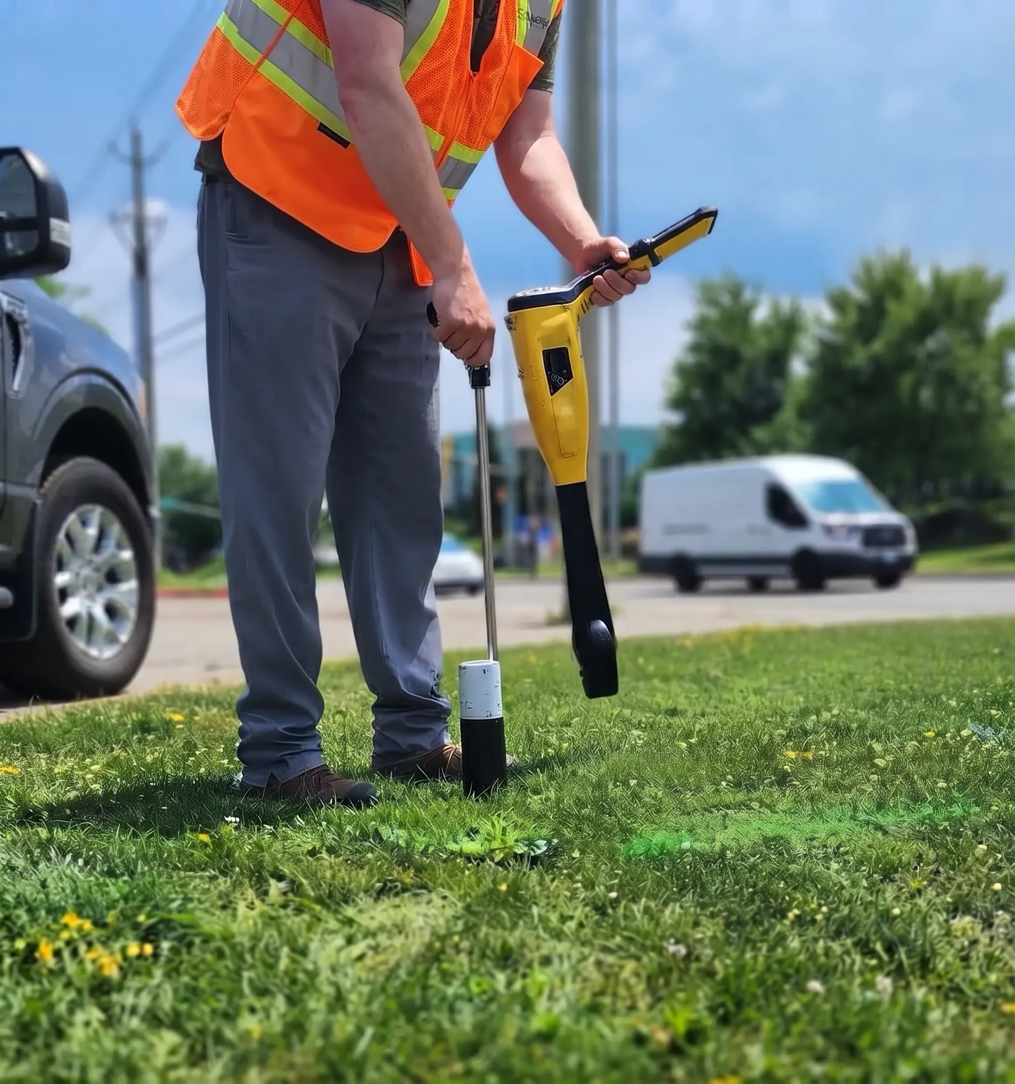 GEO technician locating a buried utility beside a roadway