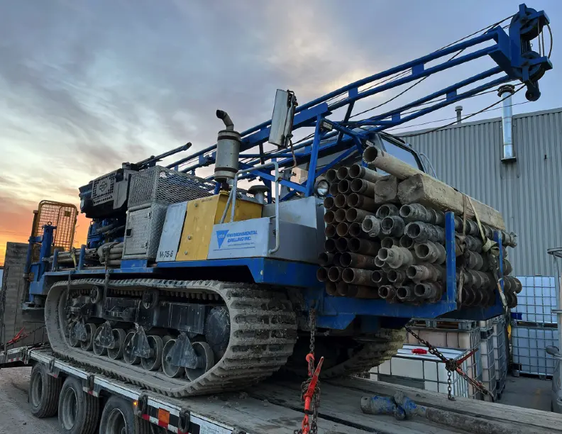 GEO rubber-track drill rig on a transport trailer
