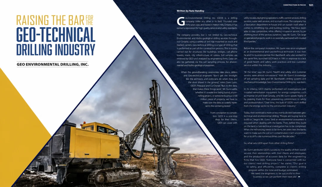 Construction in Focus magazine spread featuring GEO's track-mounted drilling rig