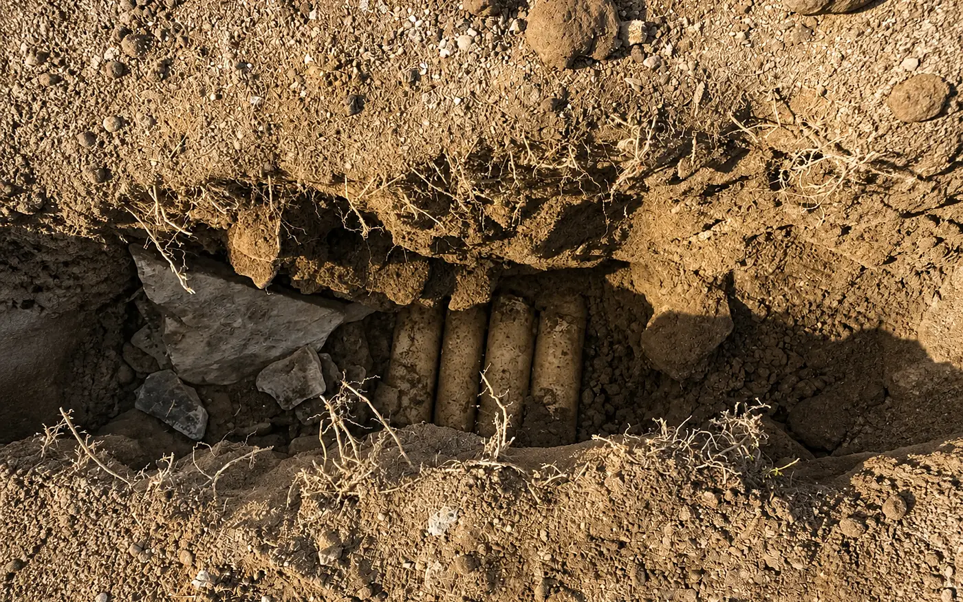 Buried conduits and pipes exposed in a daylighting opening
