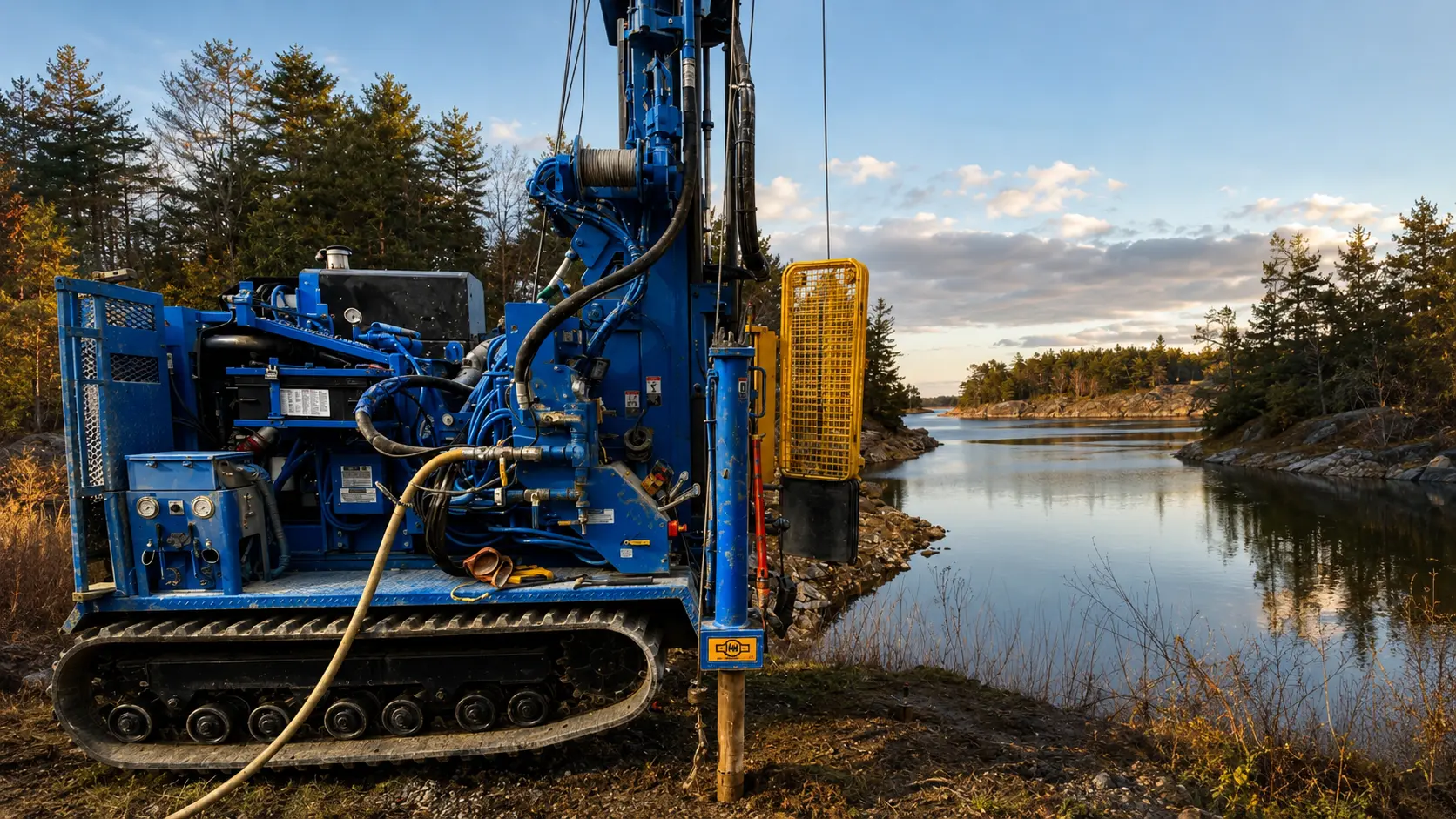 GEO rubber-track drill rig working beside a northern Ontario shoreline